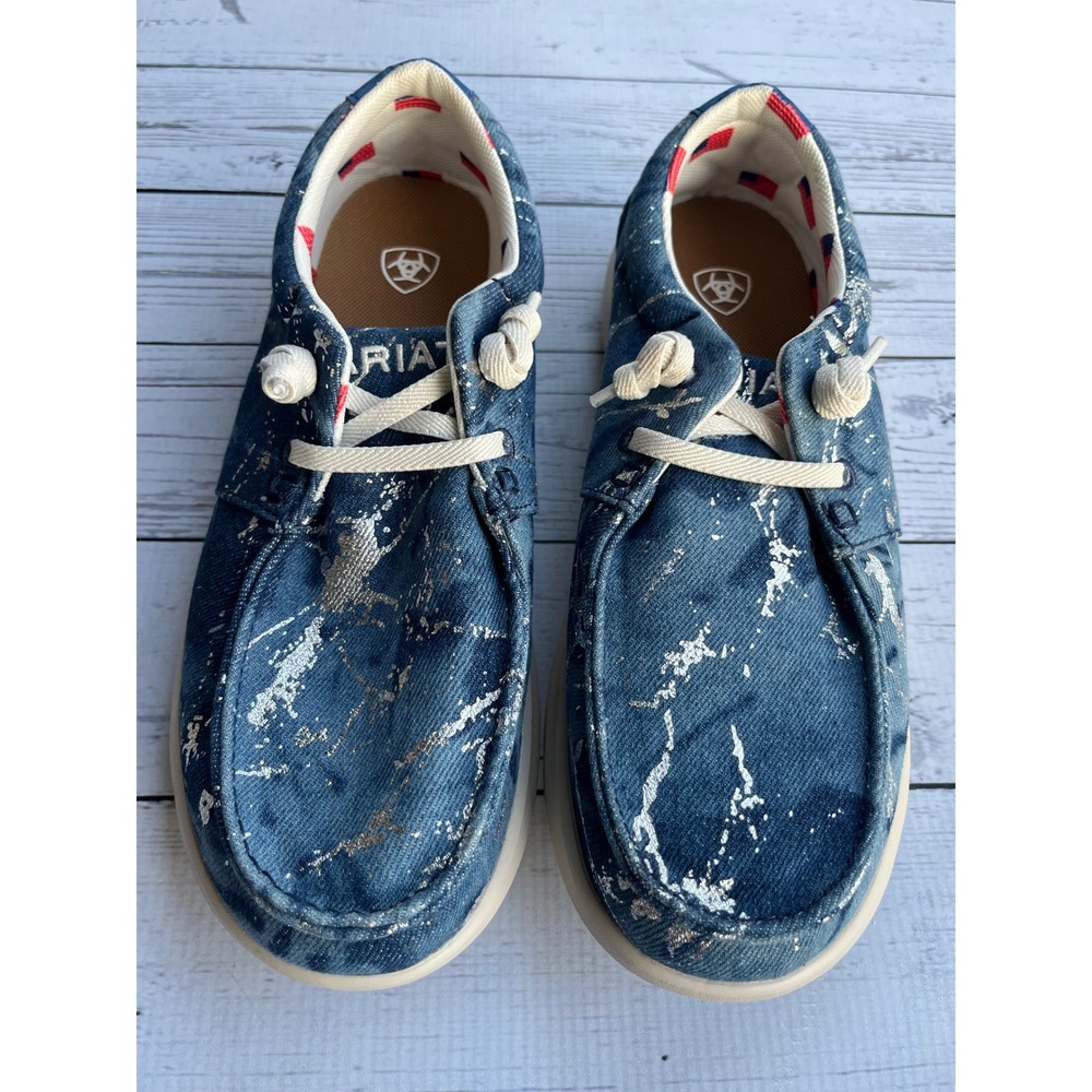 Ariat Denim Silver Splatter Moc Toe Loafers Womens 7.5 Western Americana Coastal